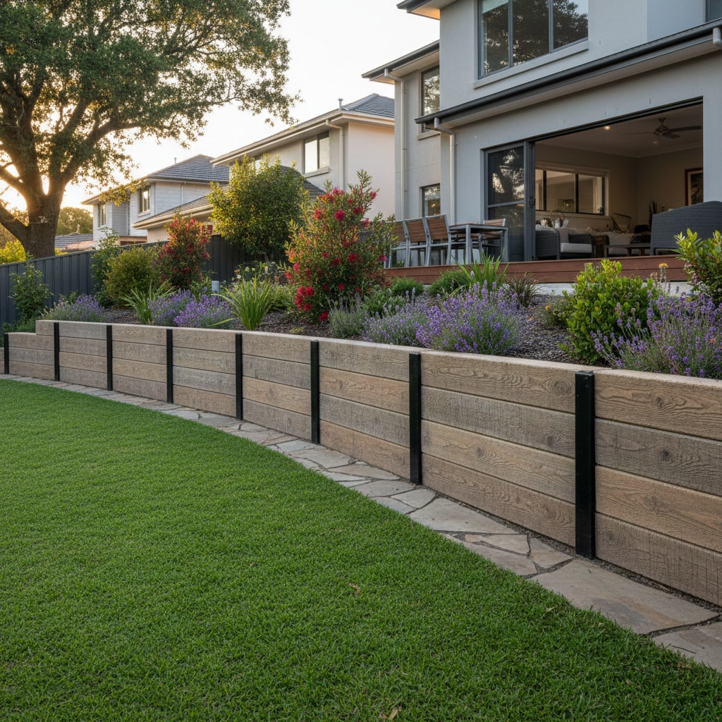 Residential timber retaining wall with landscaped garden in a Brisbane backyard.