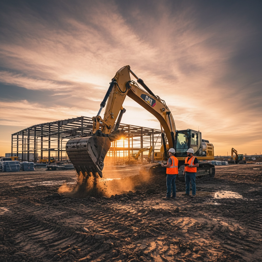 Excavator and engineers working on a commercial construction site preparing ground levels for retaining wall engineering in Queensland.