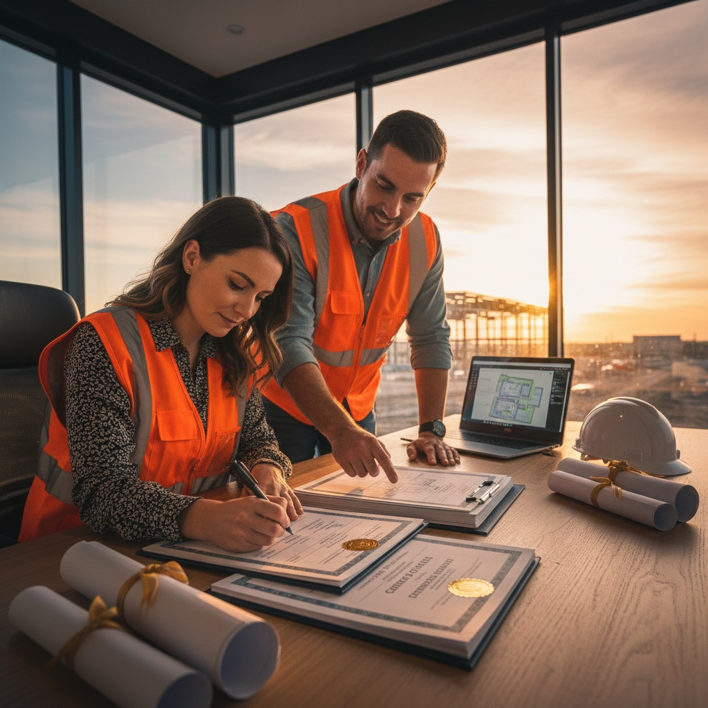 Engineers preparing and signing compliance Form 15 and Form 12 certificates for retaining wall projects in Queensland.