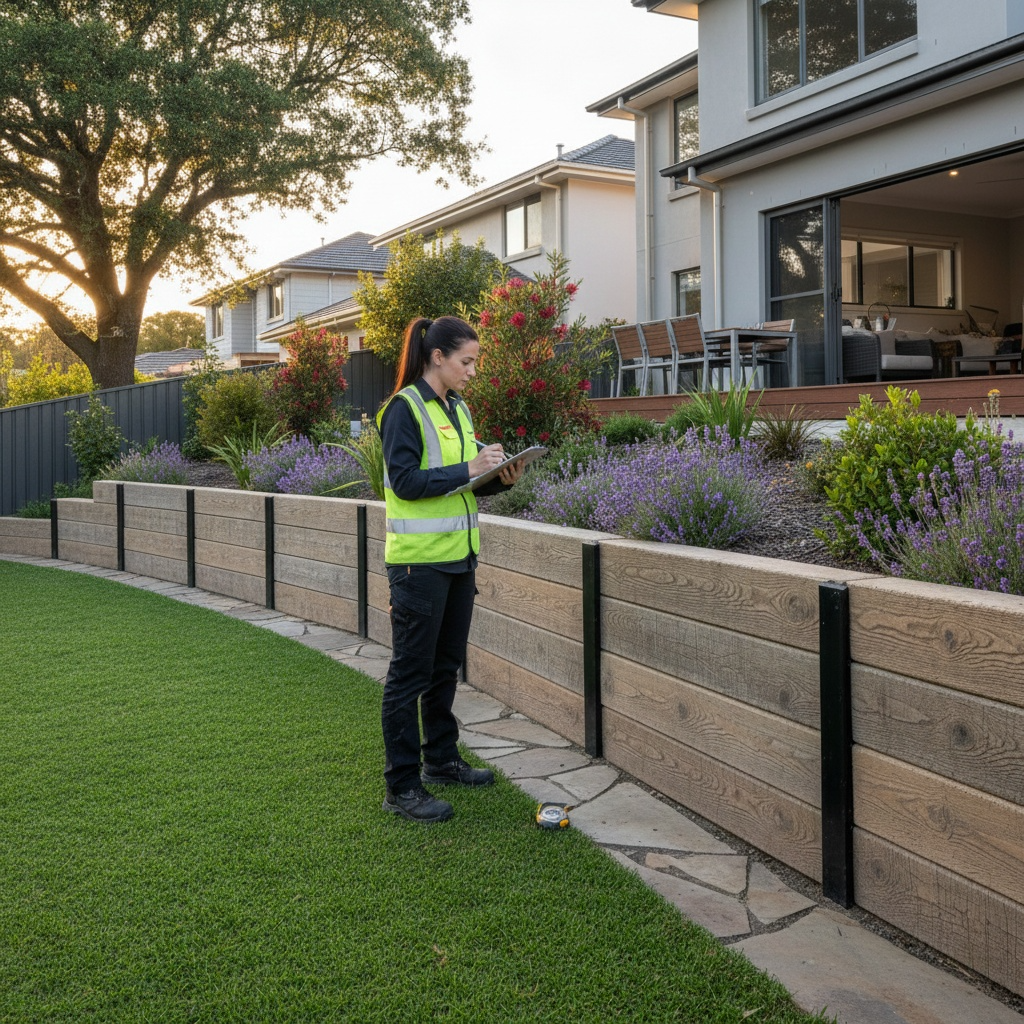 Engineer inspecting a residential timber retaining wall on-site for structural assessment in Queensland.