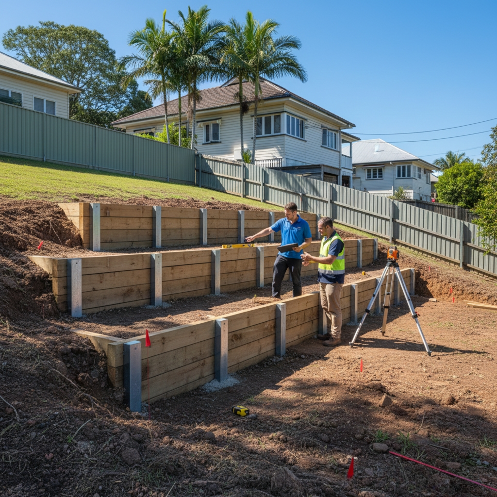 About Retaining Wall Engineers working on a timber retaining wall project in Queensland