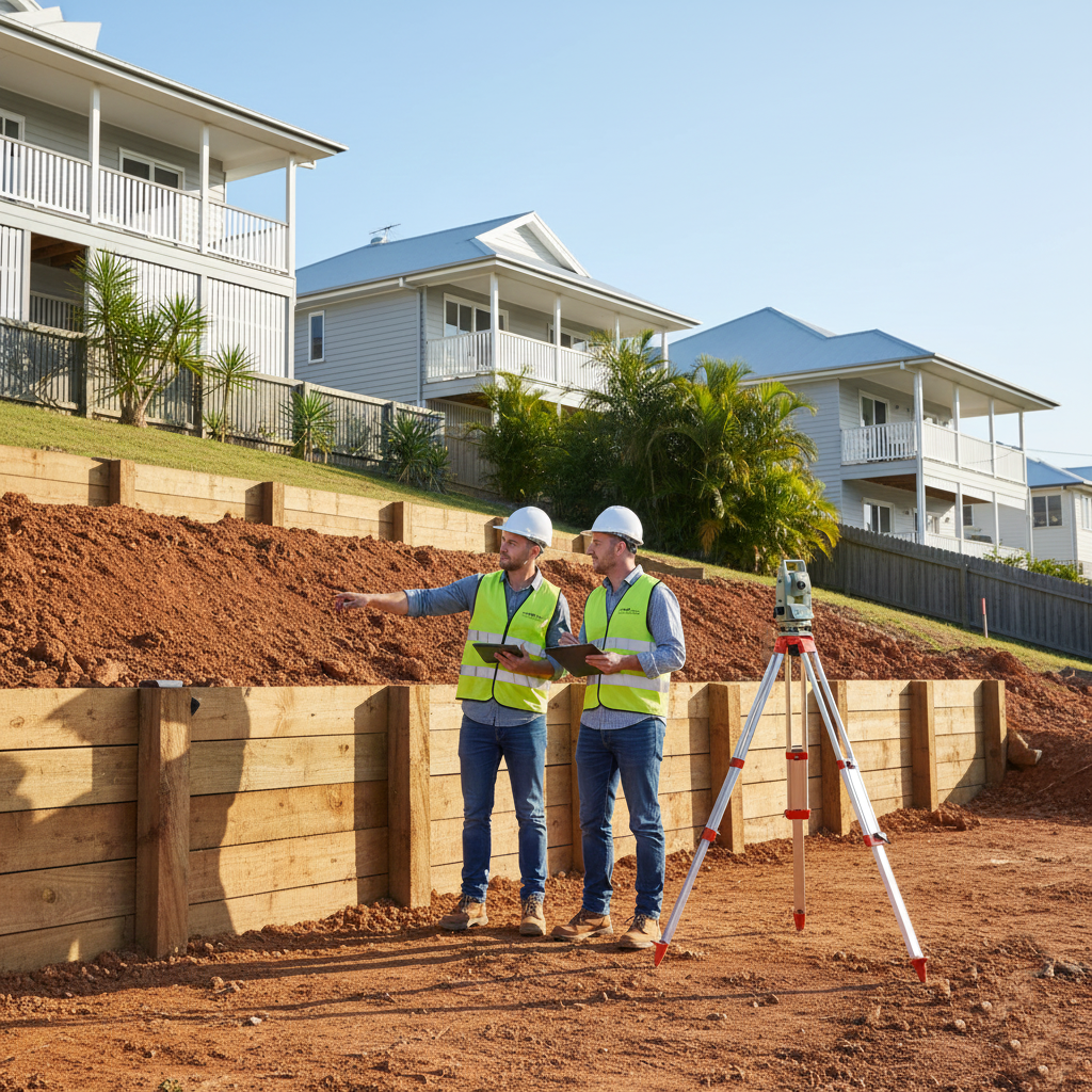 Engineers inspecting a timber retaining wall under construction on a sloped residential site in Brisbane South.