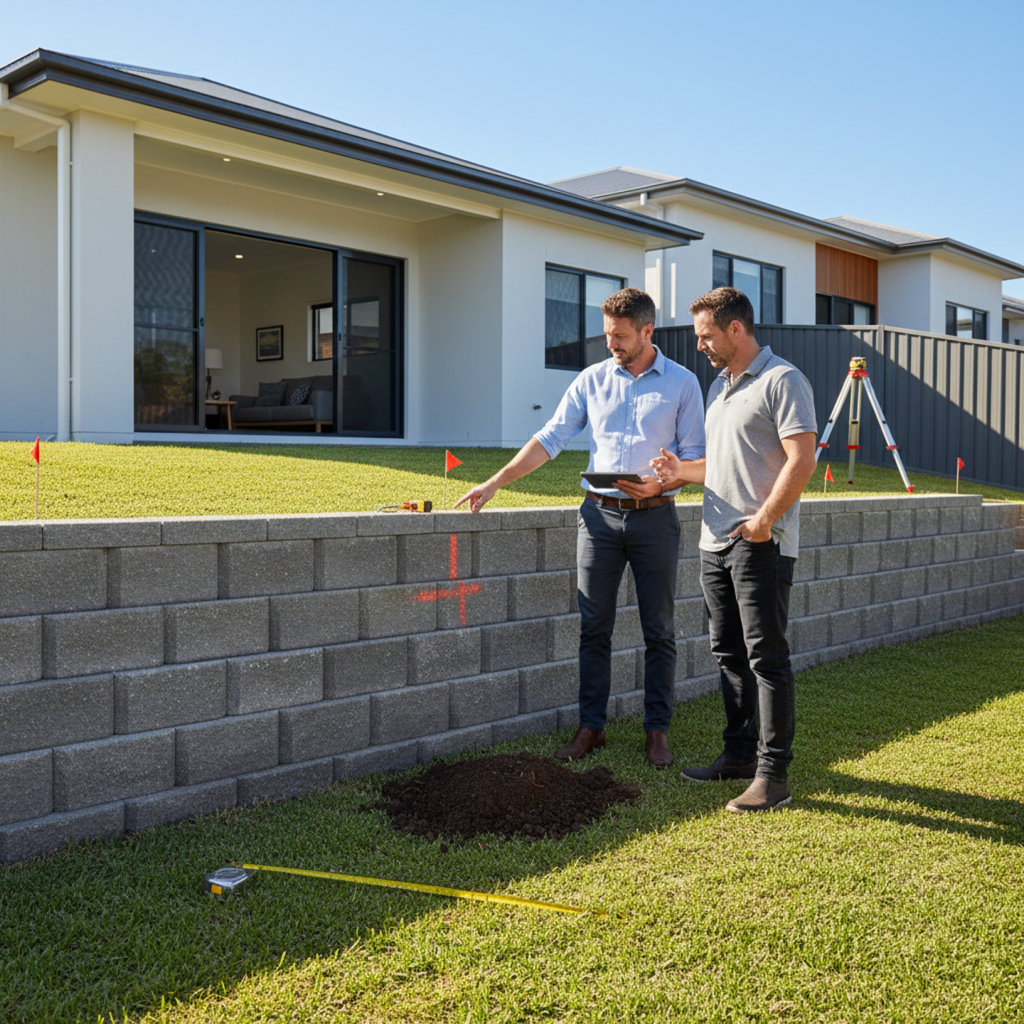 Engineer assessing a completed concrete block retaining wall at a residential property in Brisbane North