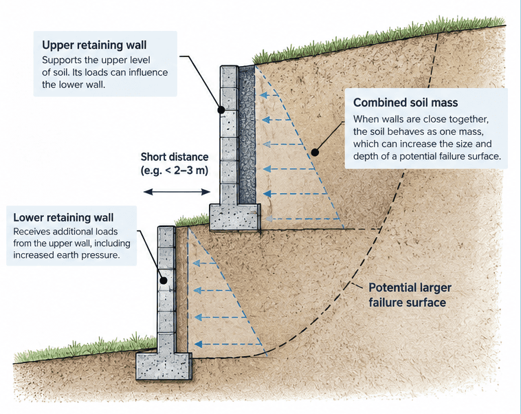 Multiple retaining walls close together acting as a combined soil mass
