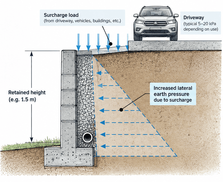 Retaining wall surcharge load from a driveway and vehicle increasing lateral earth pressure