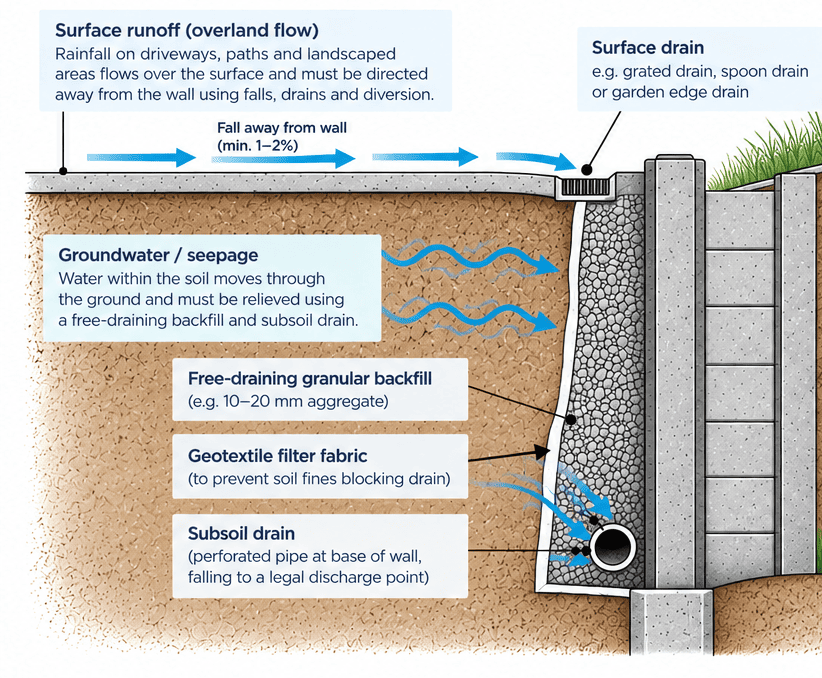 Retaining wall drainage diagram comparing surface runoff with groundwater seepage, free-draining backfill, geotextile and subsoil drain
